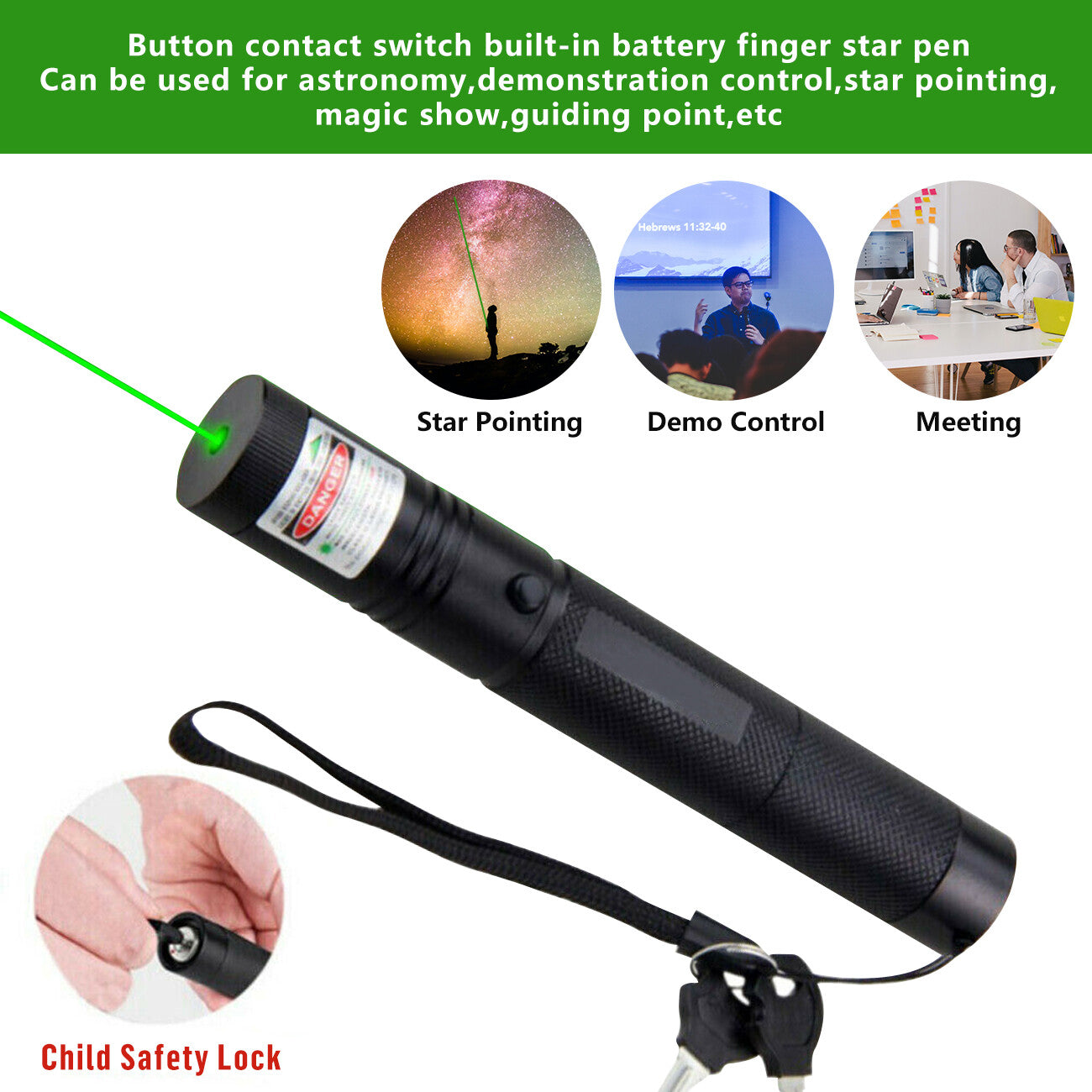Strong Green Laser Pointer Pen Light 532nm USB Rechargeable Torch 2 Pack