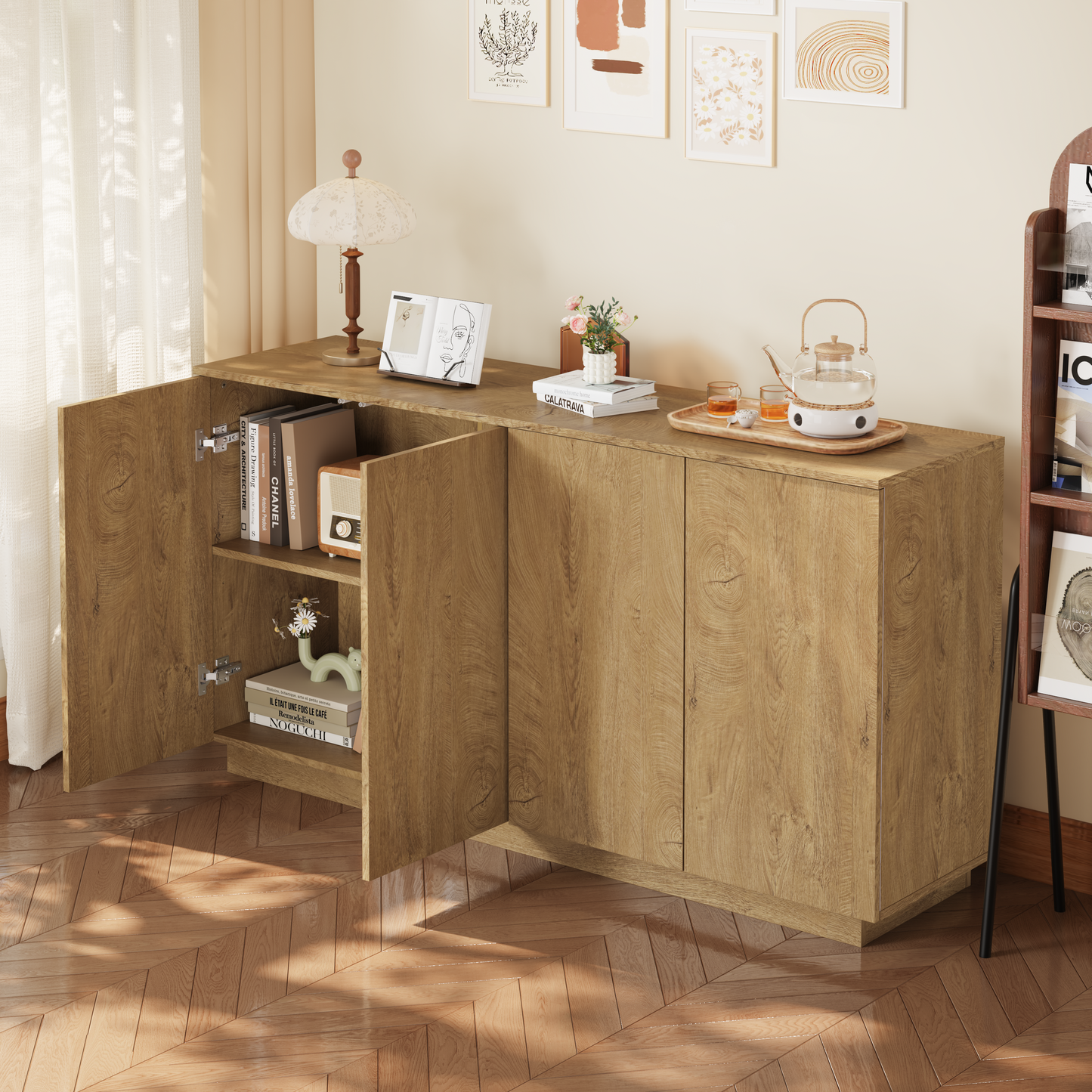 Natural Wood Sideboard Buffet Cabinet with 4 Doors & Adjustable Shelves