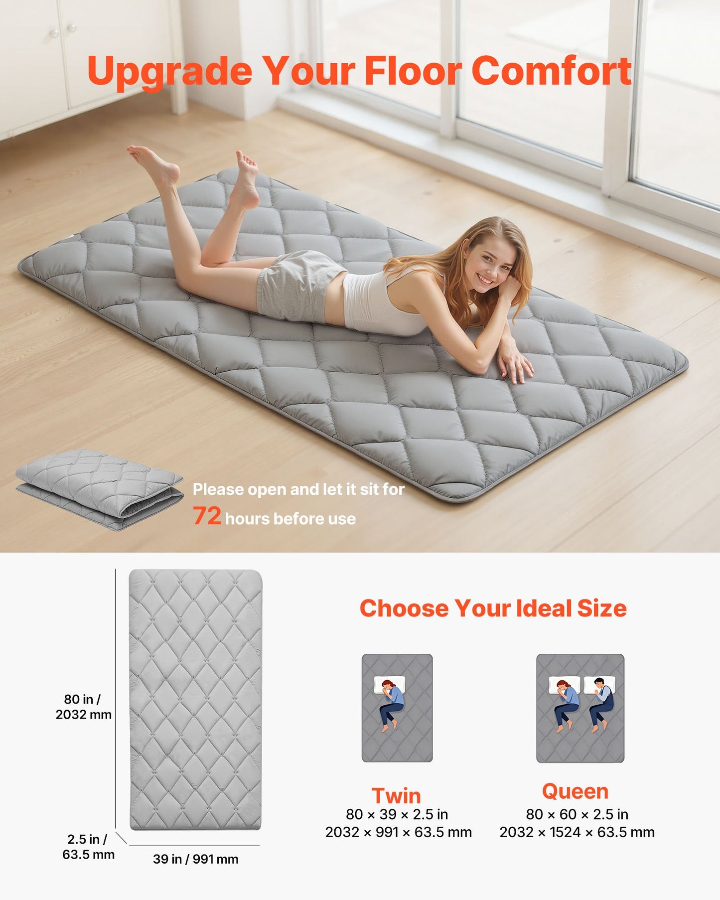 Foldable Japanese Tatami Mattress Twin Size with Storage Bag & Fastener, 9-Layer Support, for Sleeping Yoga Meditation