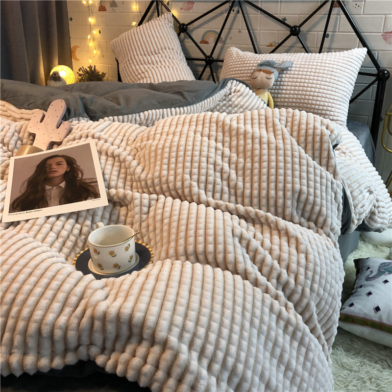 Dark Gray Velvet Bedding Set with Quilt Cover and Pillowcases - Four Piece