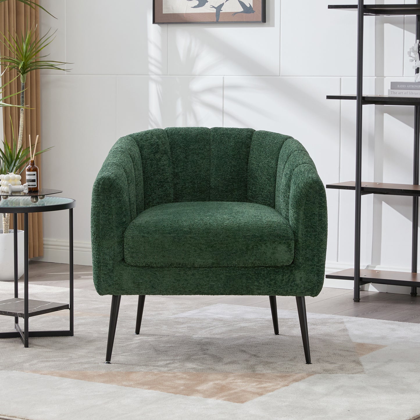 Modern Chenille Barrel Accent Chair with Metal Legs - Green