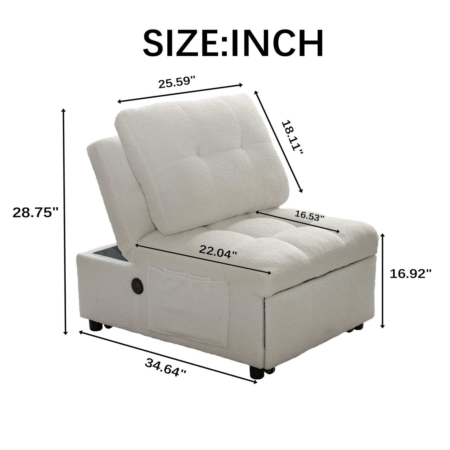 Single Sofa Bed Without Armrests, Soft Teddy Fabric Texture,