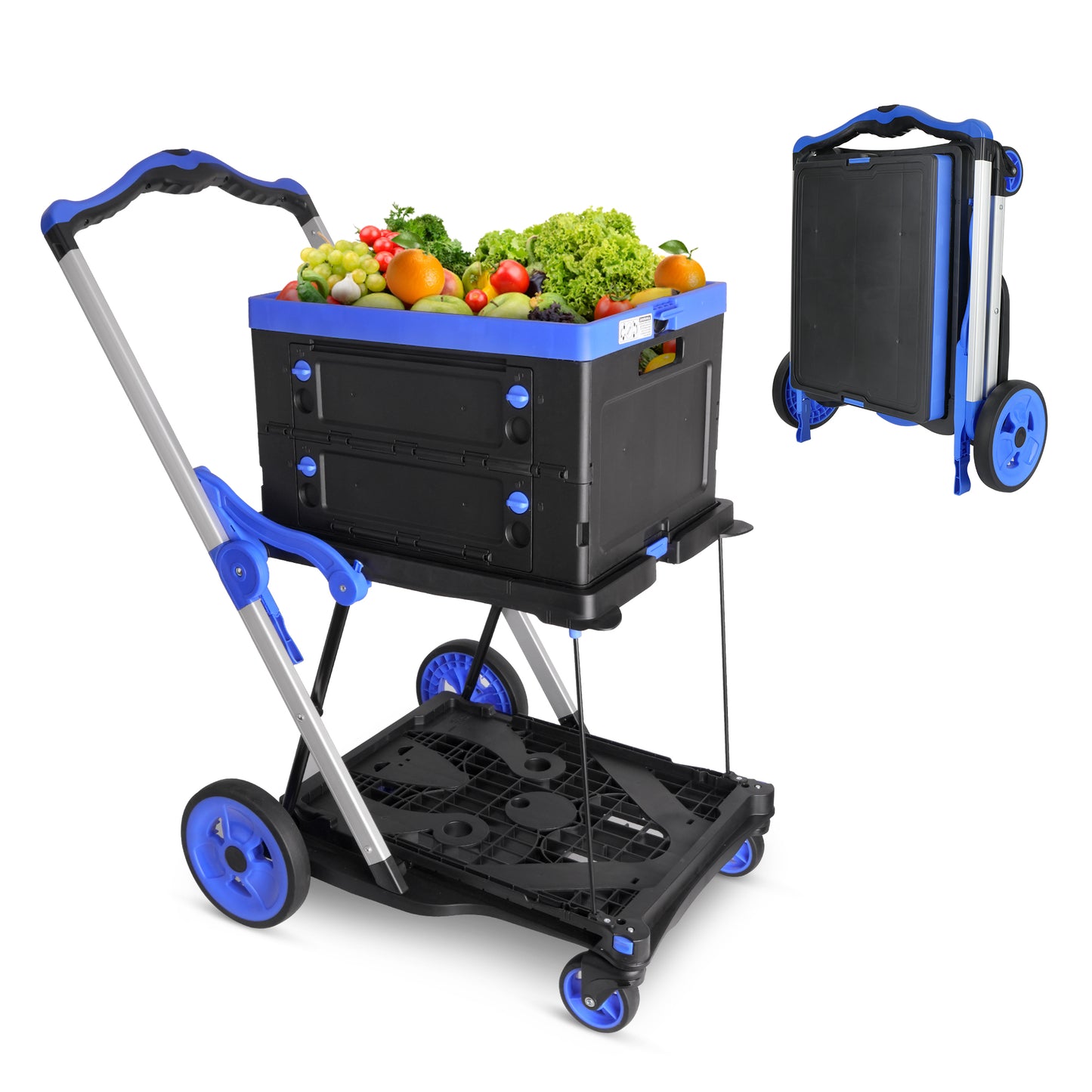 Collapsible 2-Tier Shopping Cart with Storage Crate - Blue
