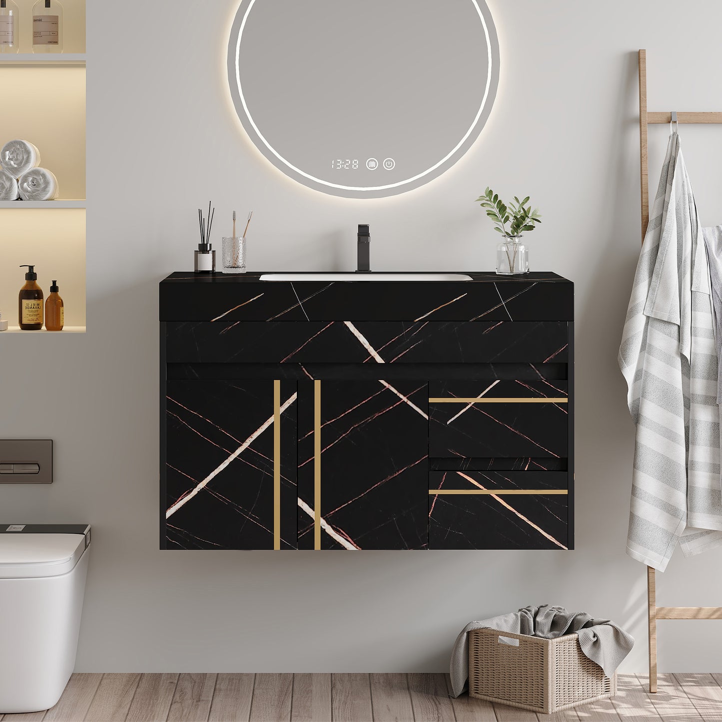35.2" Floating Bathroom Vanity with Sink & Faux Marble Top - White/Black