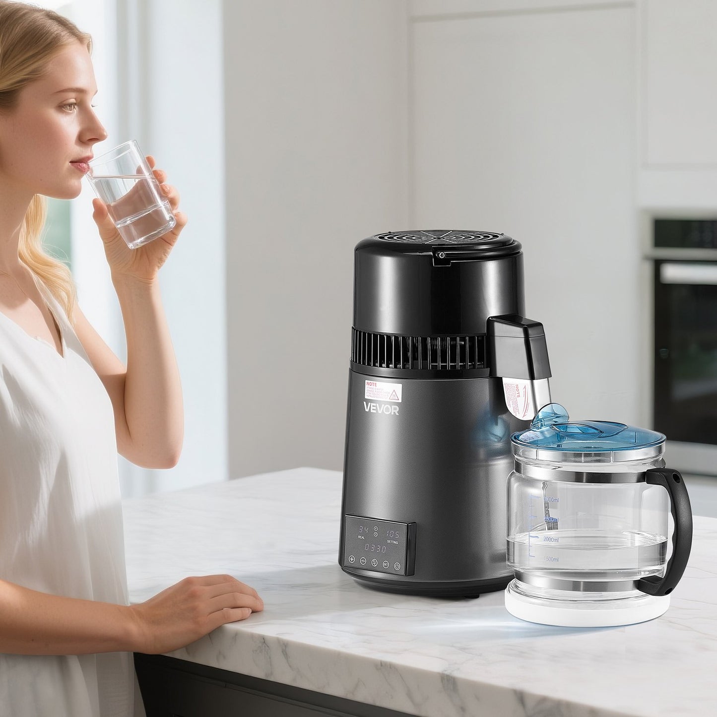 4L Water Distiller Machine - Home Countertop Purifier with Stainless Steel & Glass - 1750W