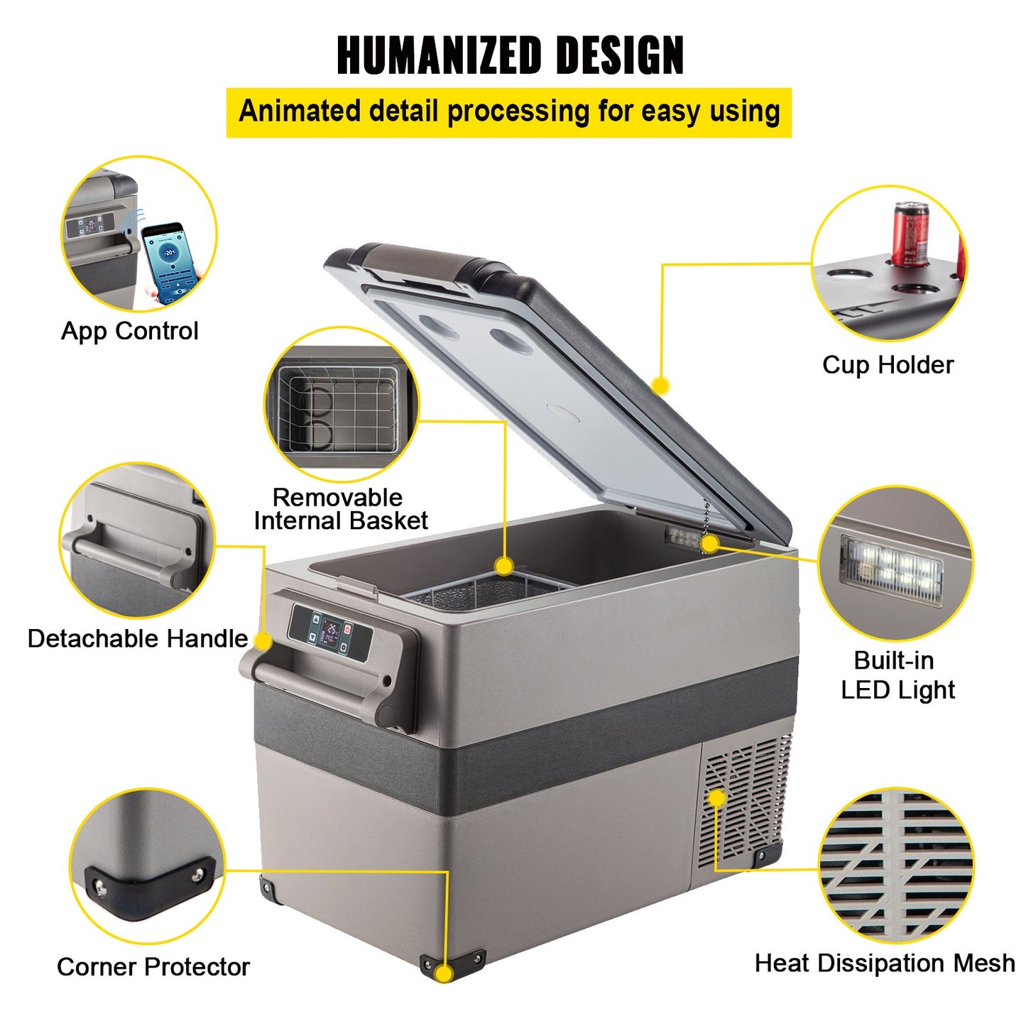 Portable 45L Car Refrigerator Cooler with App Control - 12/24V DC & 110-240V AC, Fast Cooling, Black
