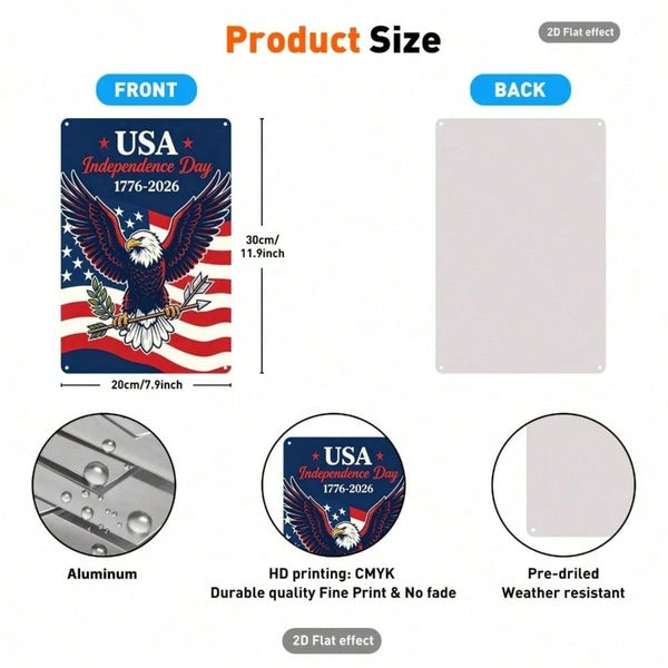 Patriotic Aluminum Tin Sign - Bald Eagle & American Flag Wall Art - 20x30 Inch
