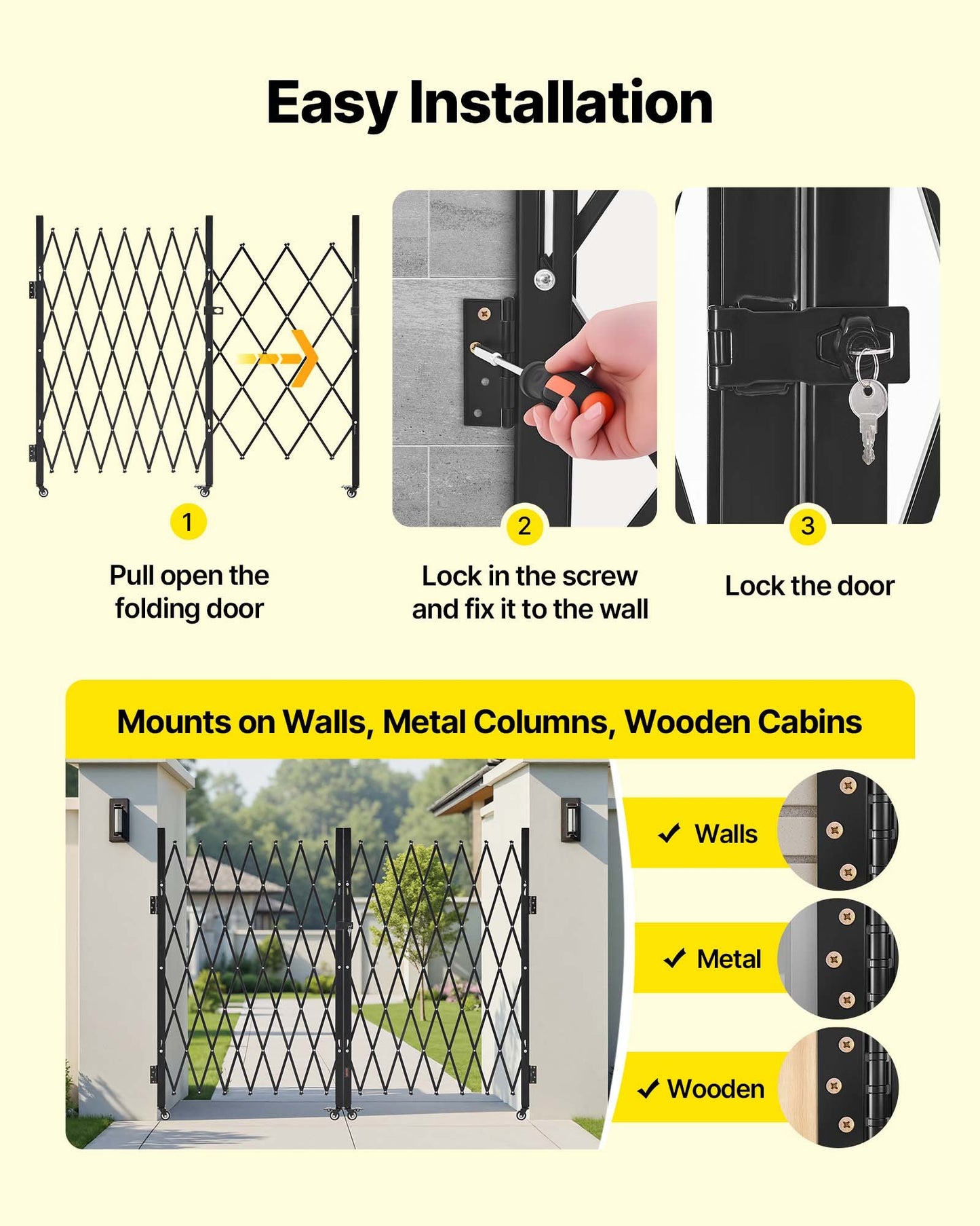 Outdoor Security Folding Gate with Lockable Casters, Steel Barricade, 130x63 in