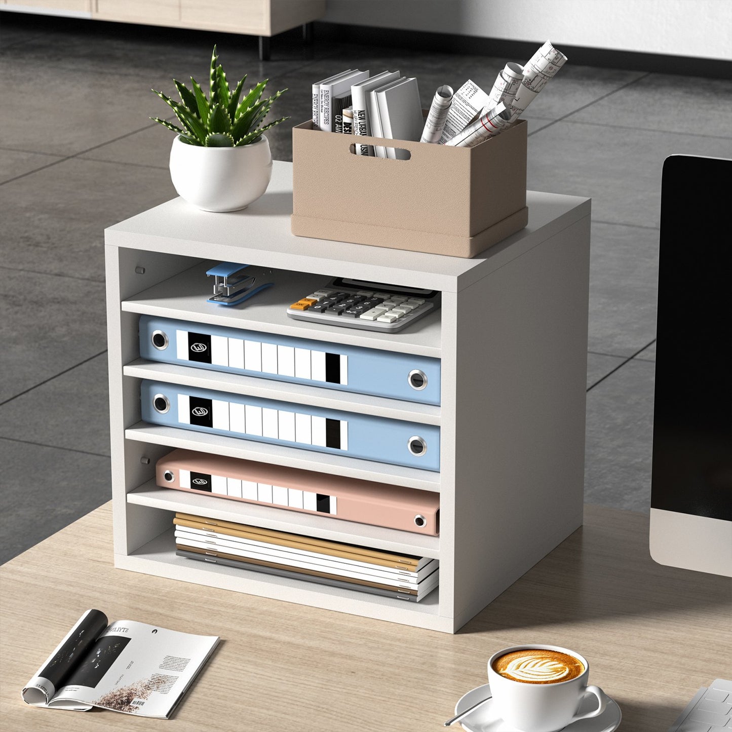 5-Compartment Wood Literature Organizer - Adjustable Shelves, White