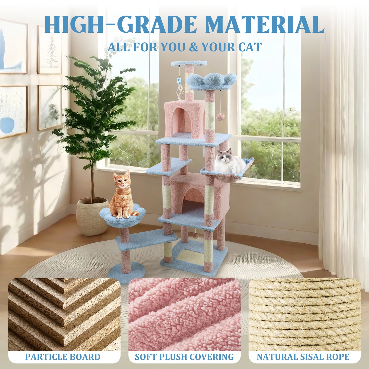 71-Inch Cat Tree with Large Condo, Removable Flower Cushion & Hammock - Blue