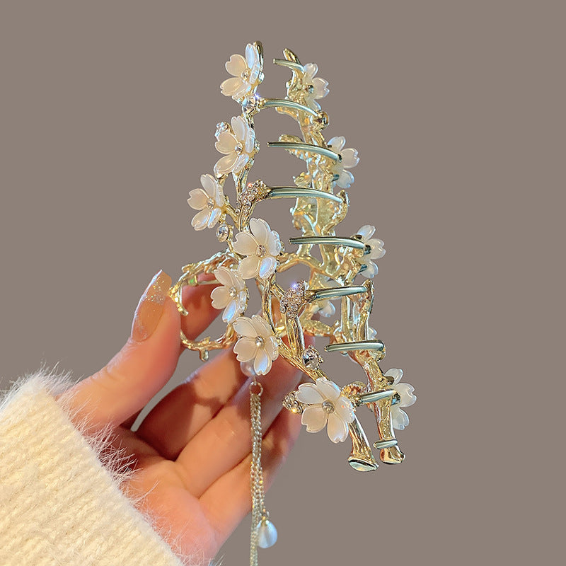 Large Metal Pearl Bell Orchid Tassel Hair Clip - Rhinestone Claw Grip