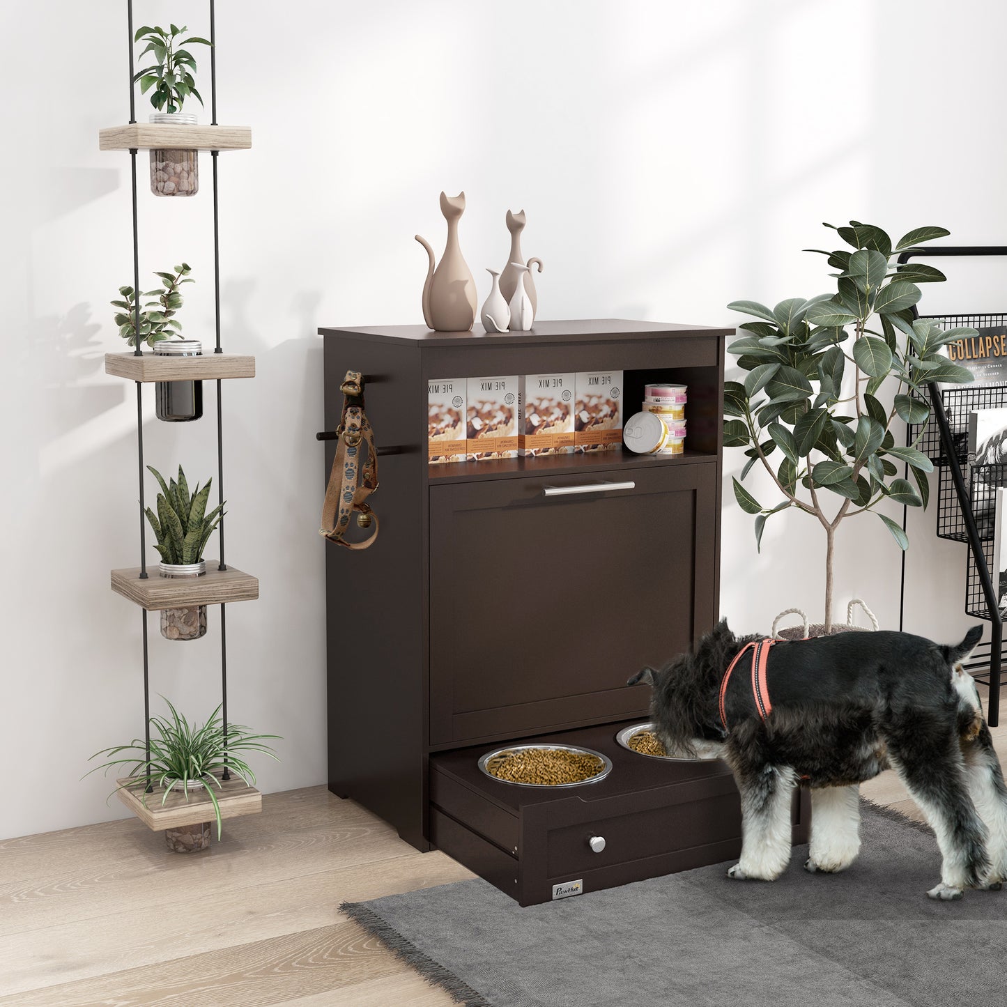 Dog Food Storage Cabinet with Raised Bowls and Storage Shelf - Gray