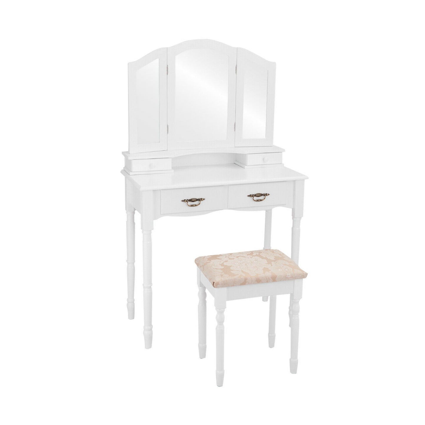 Vanity Set with Tri-Folding Mirror and Storage Drawers - White