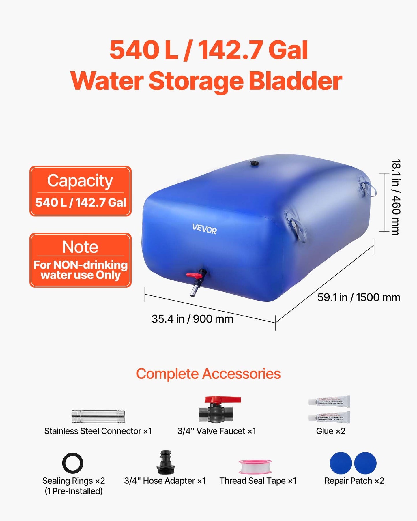 Collapsible Water Storage Bladder 142.7 Gal with Leakproof PVC Tank for Emergency & Garden Irrigation