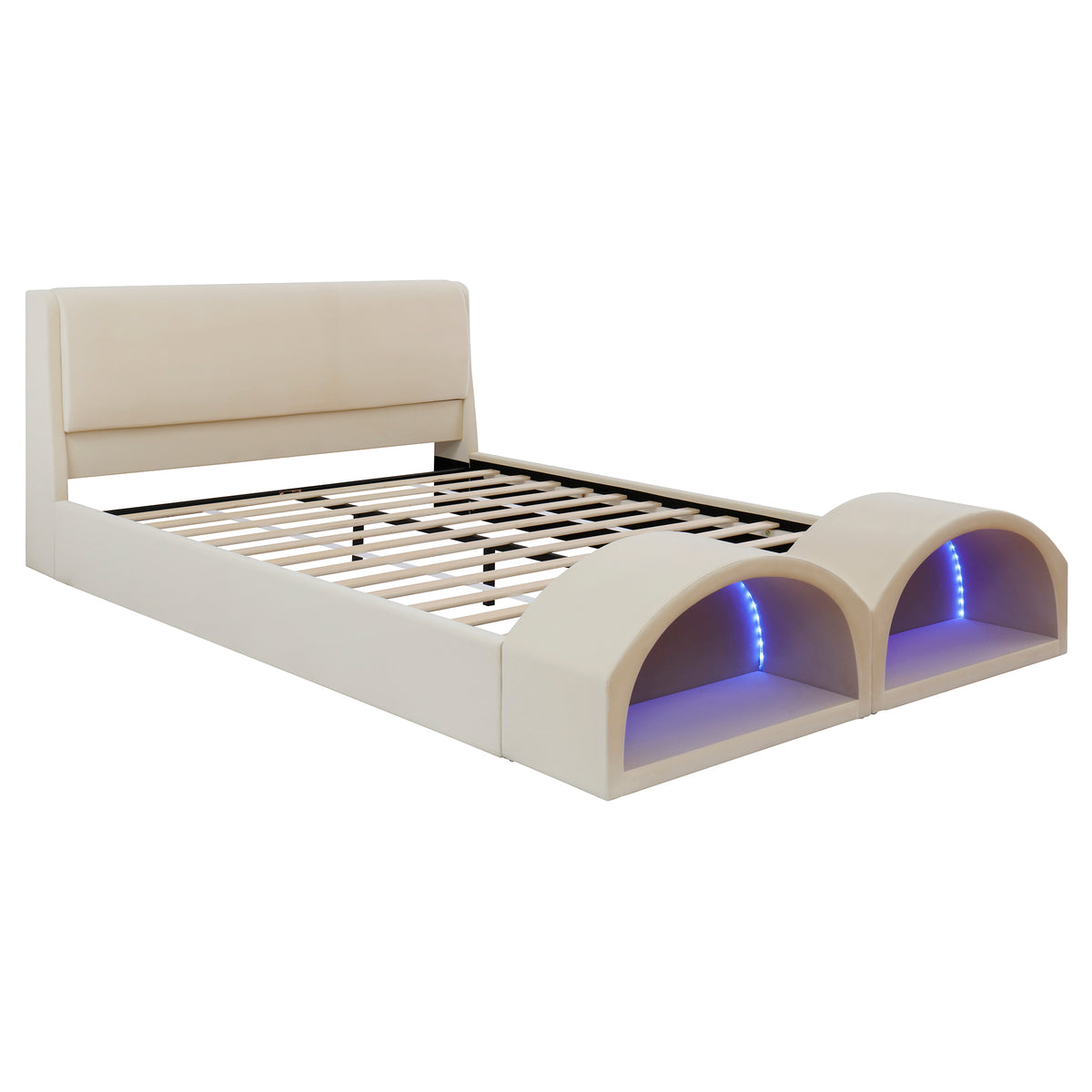 Queen Size Upholstered Platform Bed Frame with Dual Cat Caves & LED Pet Nests - Beige