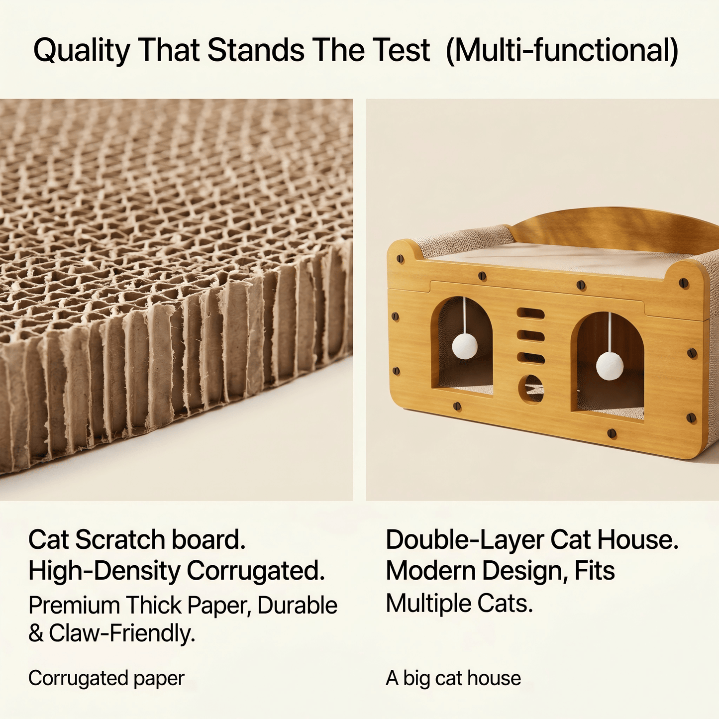 Multi-Style Double-Layer Cat House & Bed with Corrugated Cardboard, Interactive Toys & Ergonomic Support