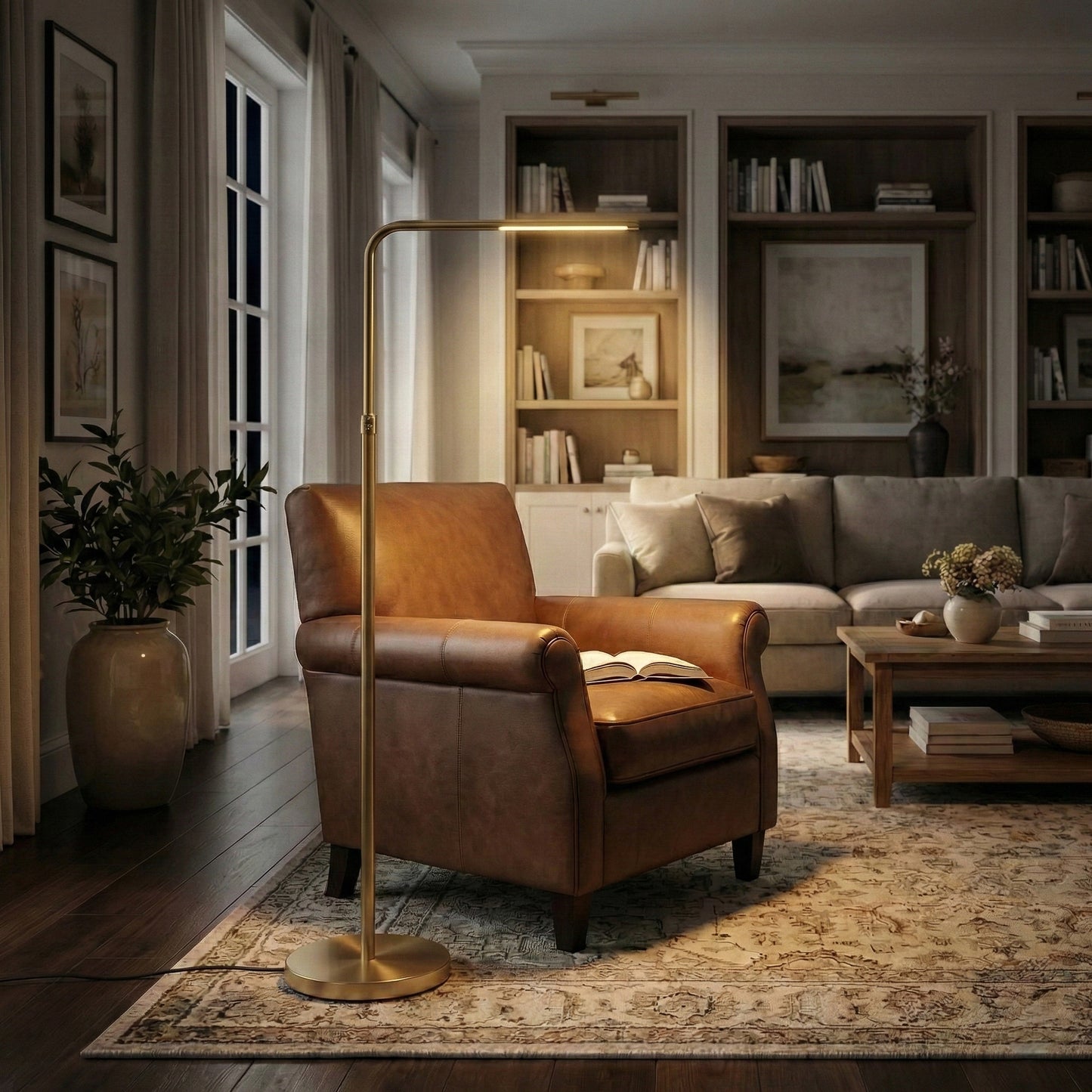 Verve Brassed Gold Floor Lamp With On Off Adjustable Led Round Base