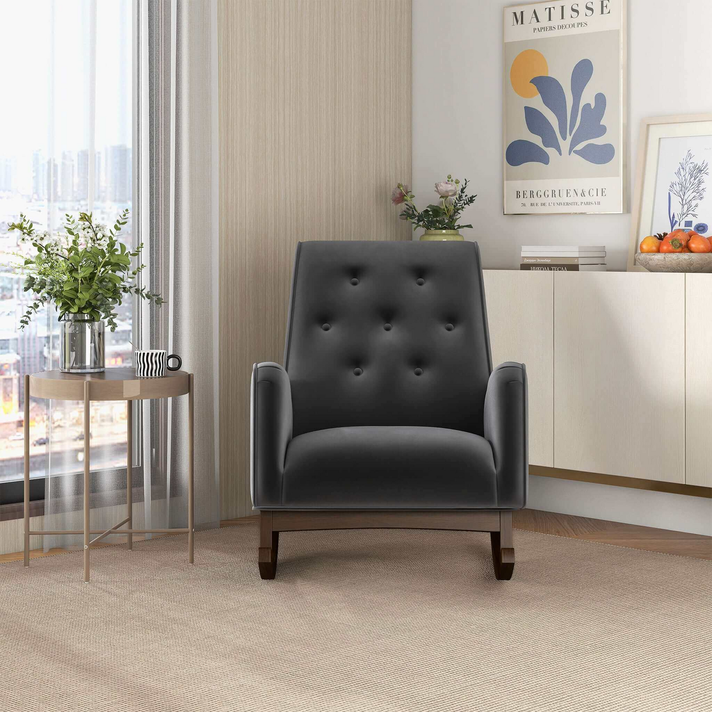 Elegant Style Demetrius Dark Grey Fabric Rocking Chair With Solid