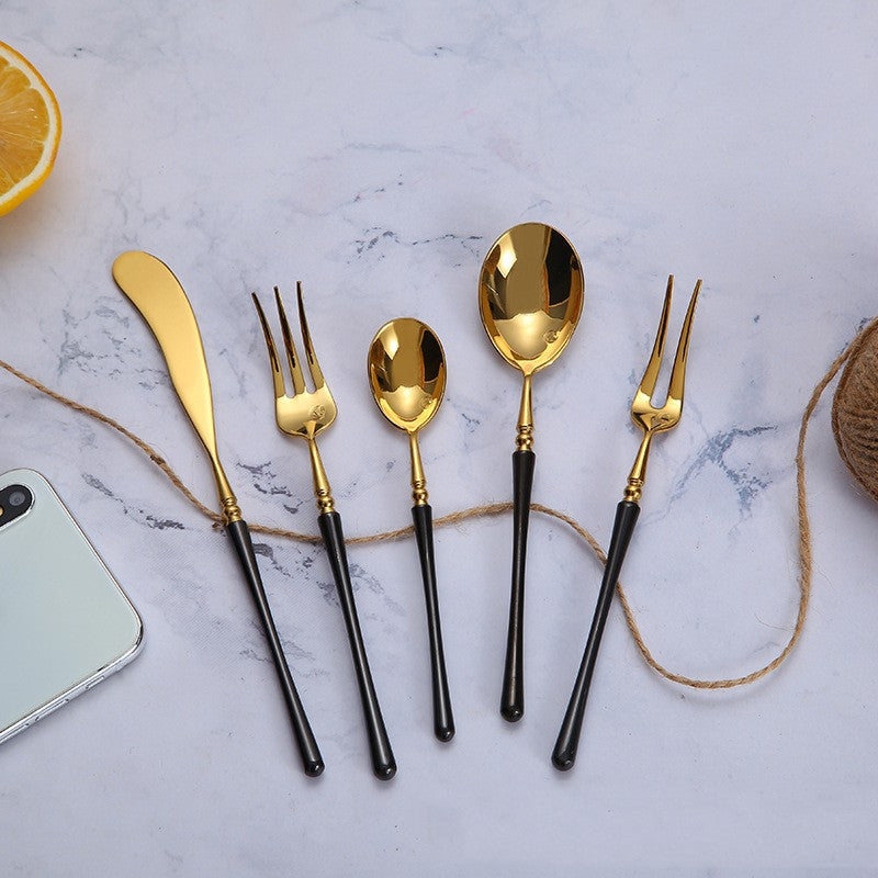 Stainless Steel Dinnerware Set with Black Gold Finish - Knife Fork Spoon