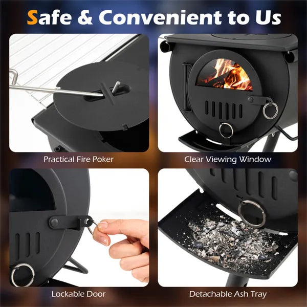 Portable Wood Burning Camping Stove with Chimney & Cooking Racks