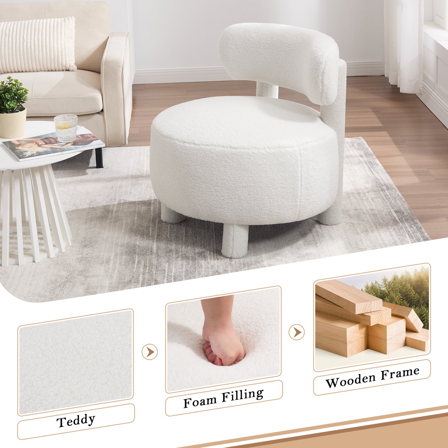 White Teddy Fabric Armless Accent Chair with Curved Backrest