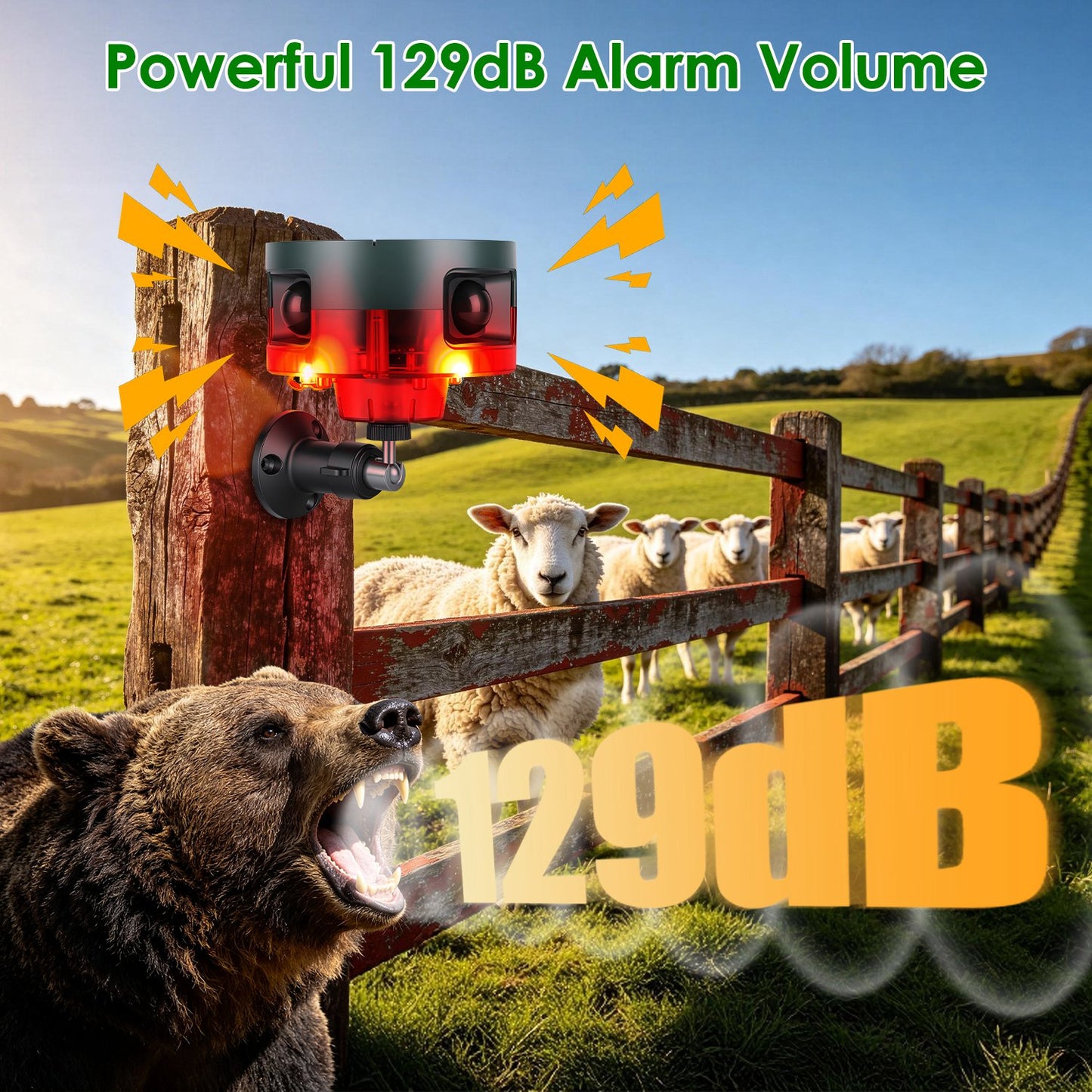 Outdoor Solar Motion Sensor Alarm 129dB with 13 Sounds & Custom Recording, Animal Deterrent, Waterproof Garden Security Light