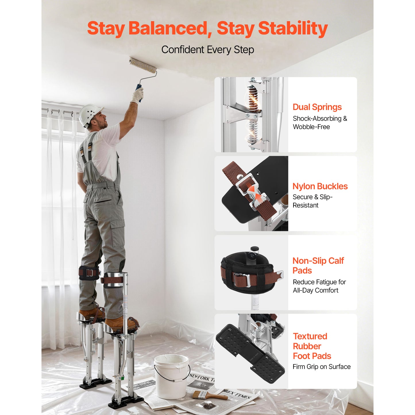 Adjustable Aluminum Drywall Stilts 16.1–24.1 In Load Capacity 228 Lbs Non-Slip Feet