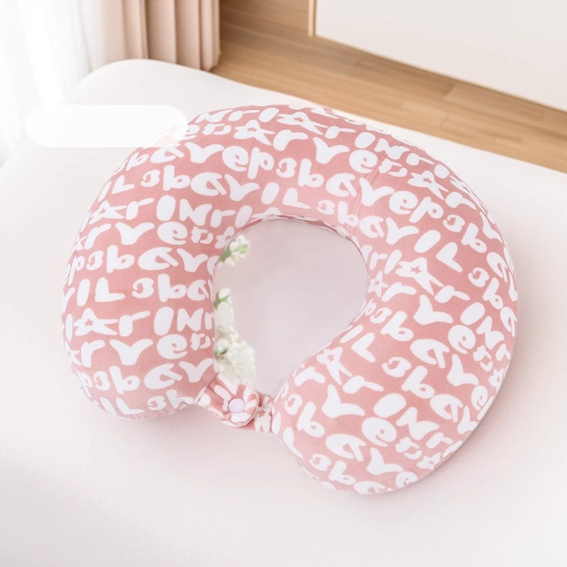 Letter Print U-Shaped Travel Neck Pillow with Microbead Filling and Snap Button