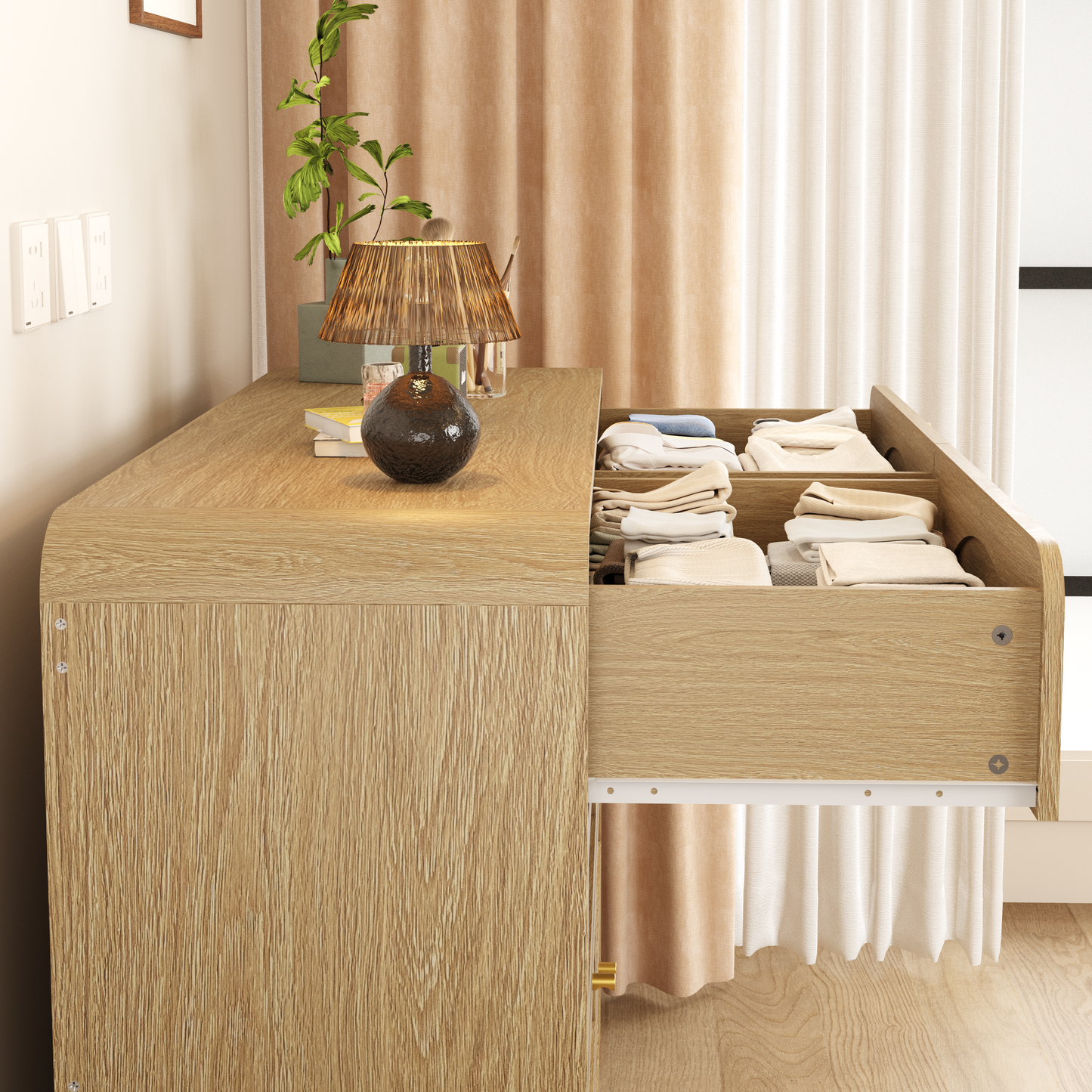 Natural 8-Drawer Dresser with Rattan Front - Wide Storage Cabinet