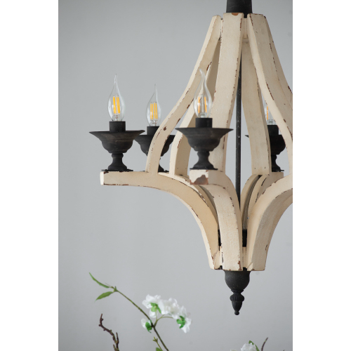 Wooden Chandelier with Adjustable Chain for Kitchen Dining Cream Finish - 6 Lights