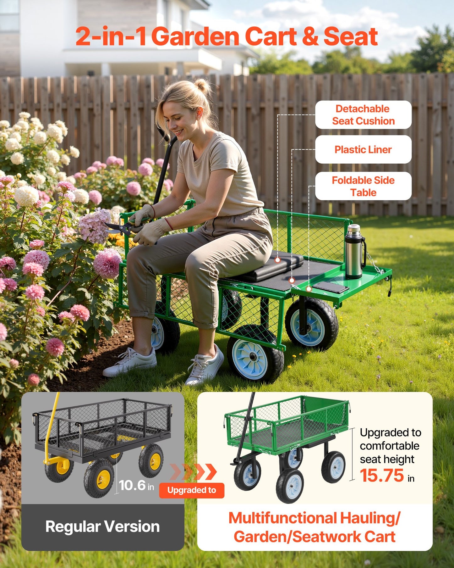 Heavy Duty Garden Cart with Seat & Tool Tray - 500 LBS Capacity, Rolling Steel Yard Wagon, Adjustable Handle, Black