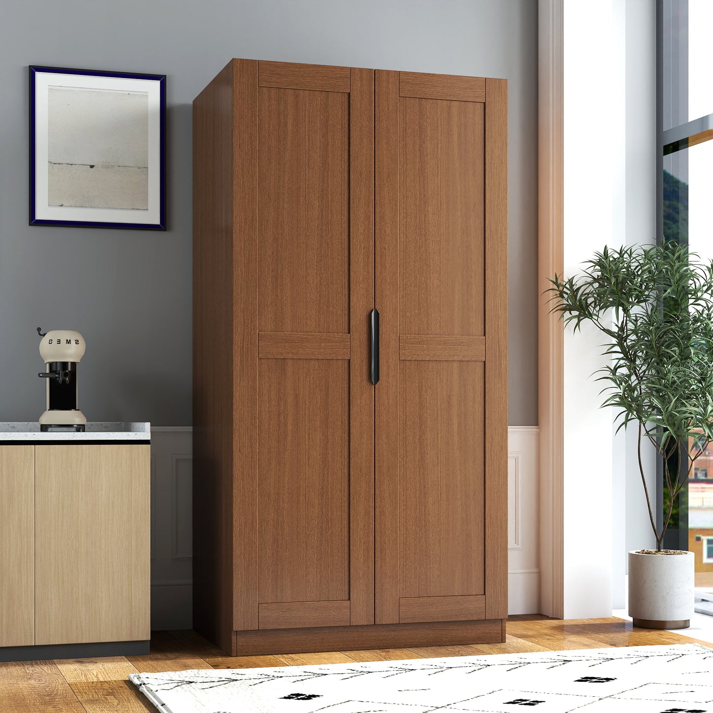 62.99in Walnut Kitchen Pantry Cabinet with Doors & Shelves