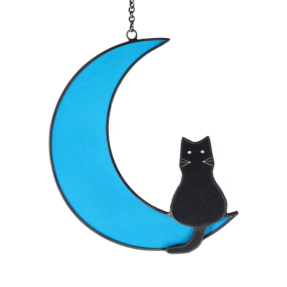 Black and White Cat Stained Glass Window Pendant - Moonlight Black Cat