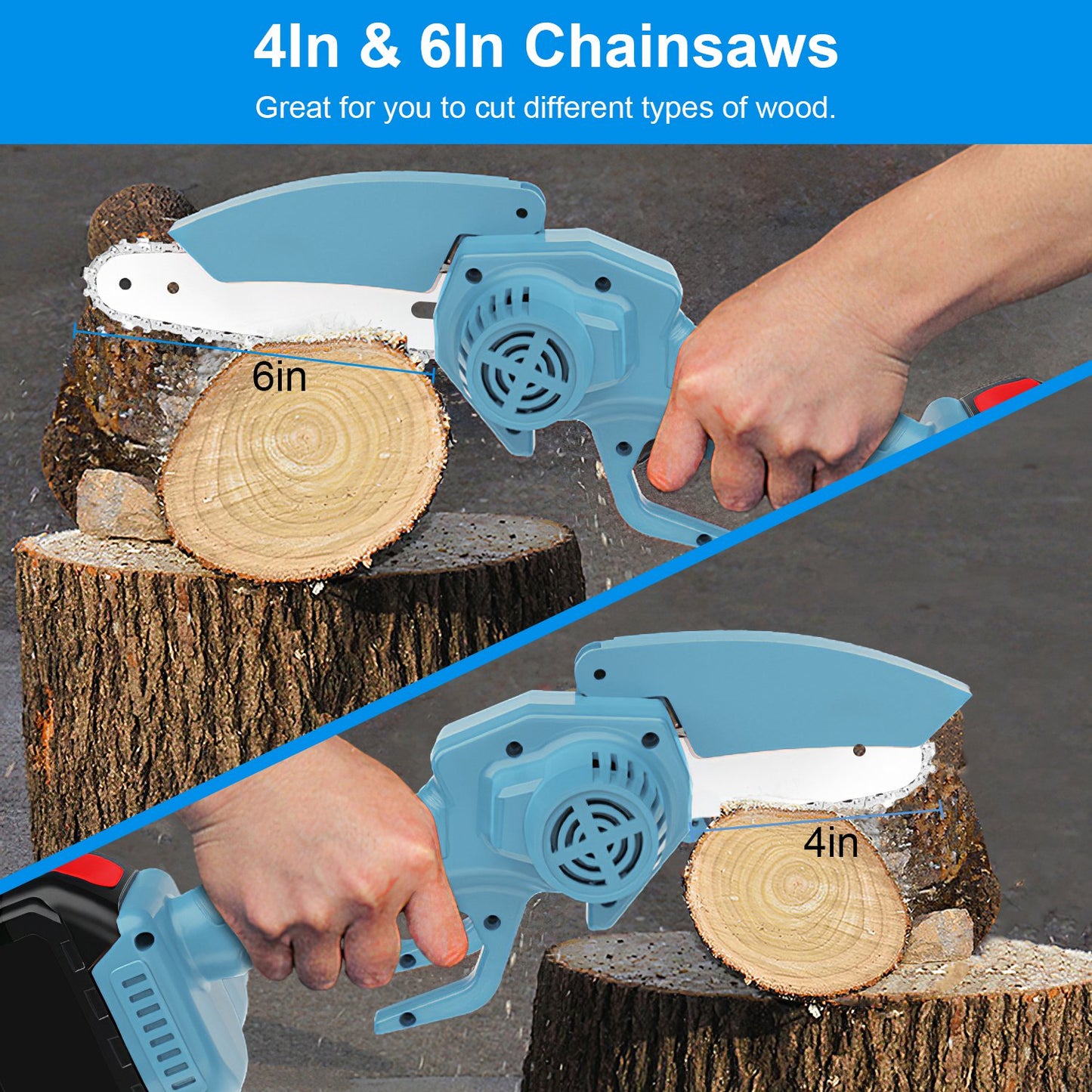 Mini Cordless Chainsaw 4-inch & 6-inch with Rechargeable Batteries - Light & Powerful Garden Tool