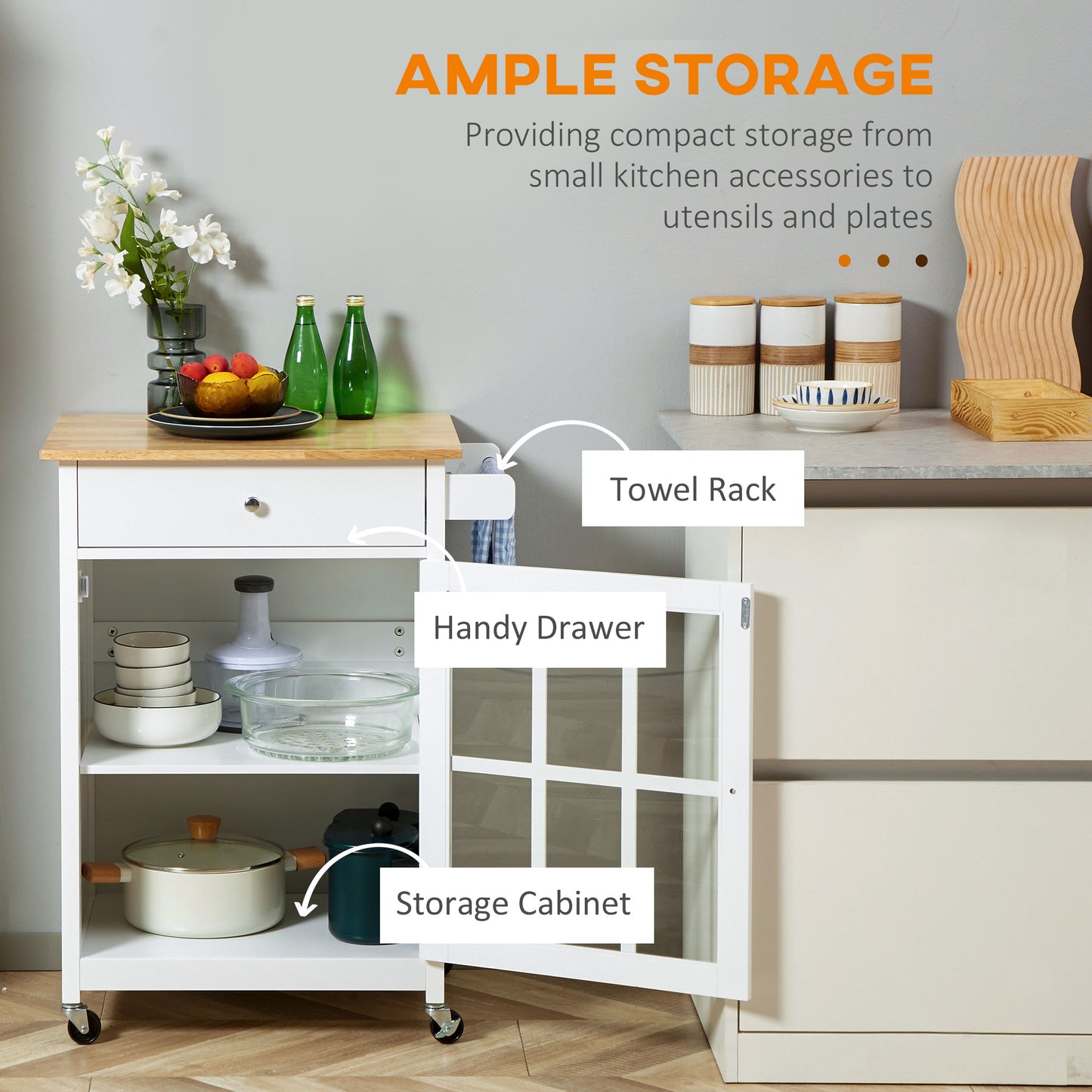 Rolling Kitchen Island Cart with Drawer & Glass Door Cabinet - White