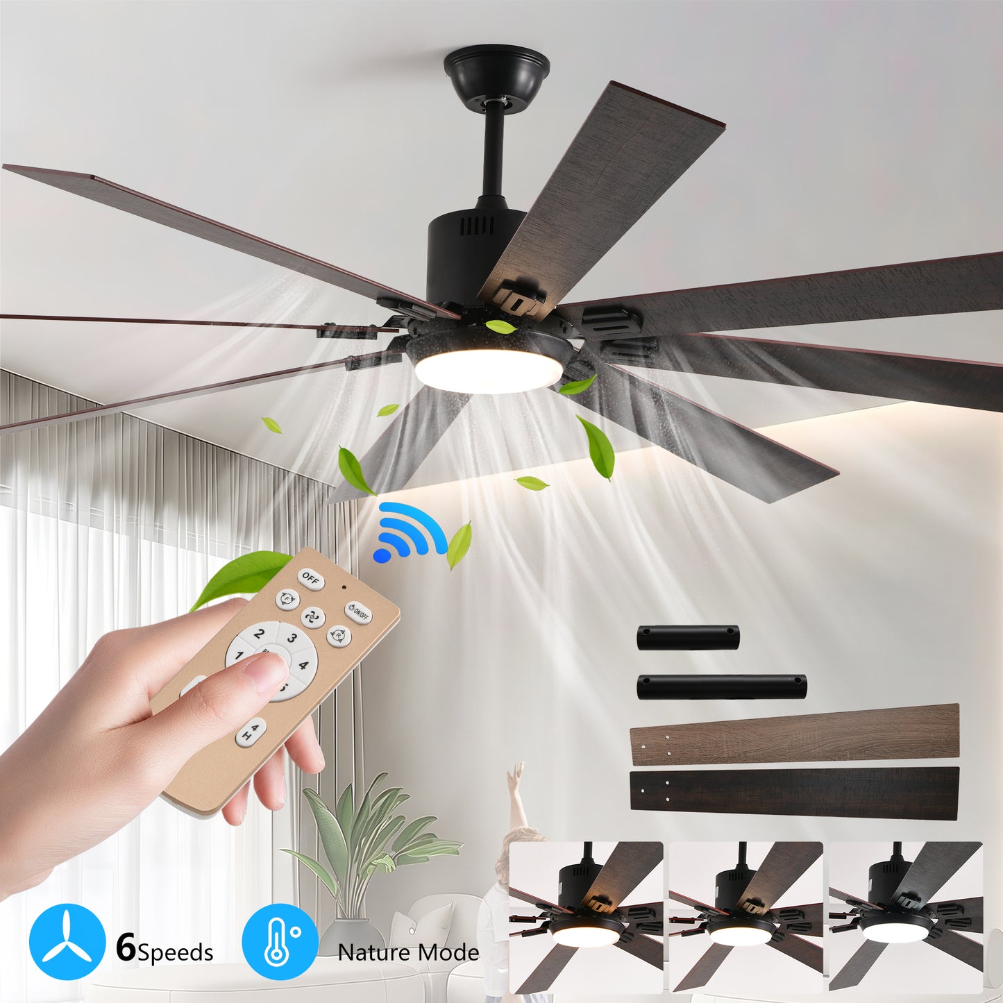 72-Inch Walnut LED Ceiling Fan with Remote Control & 8 Blades