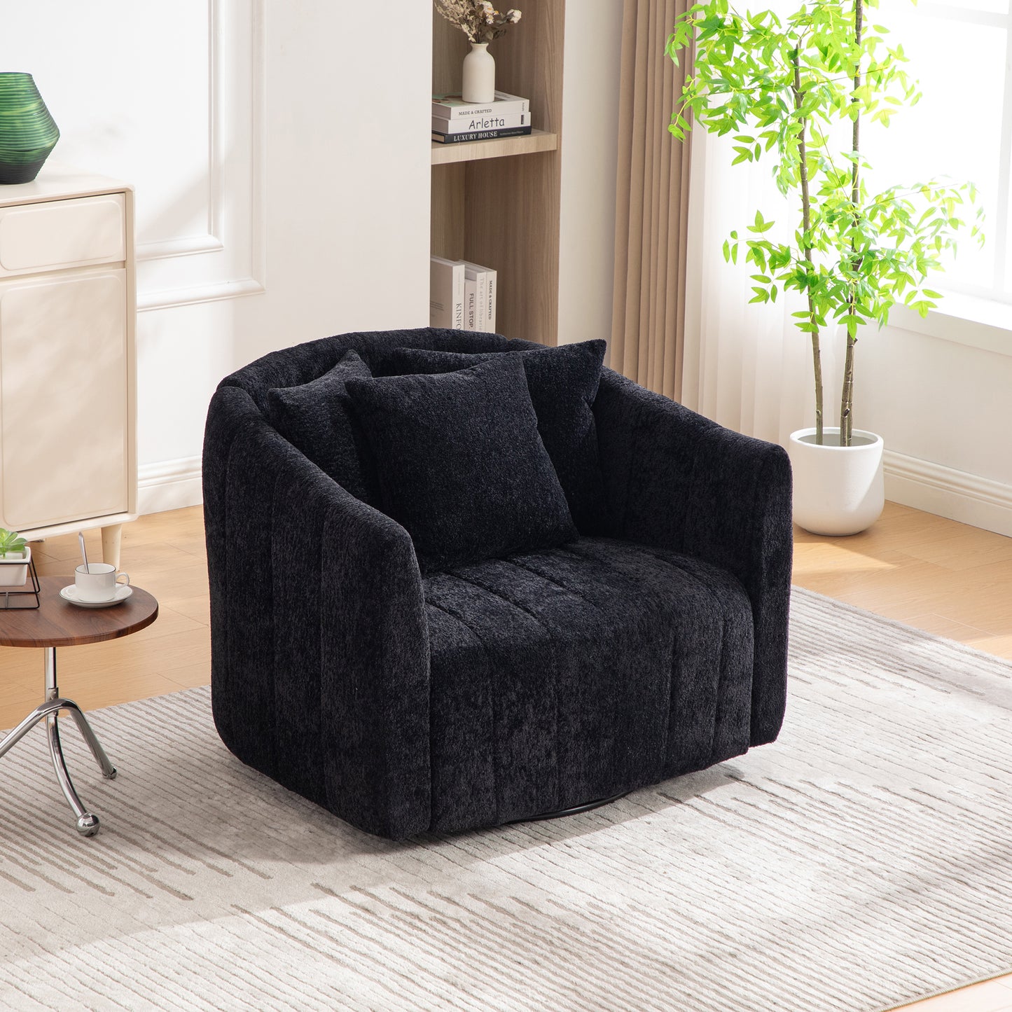 Oversized 360° Swivel Accent Barrel Chair with Pillows - Black