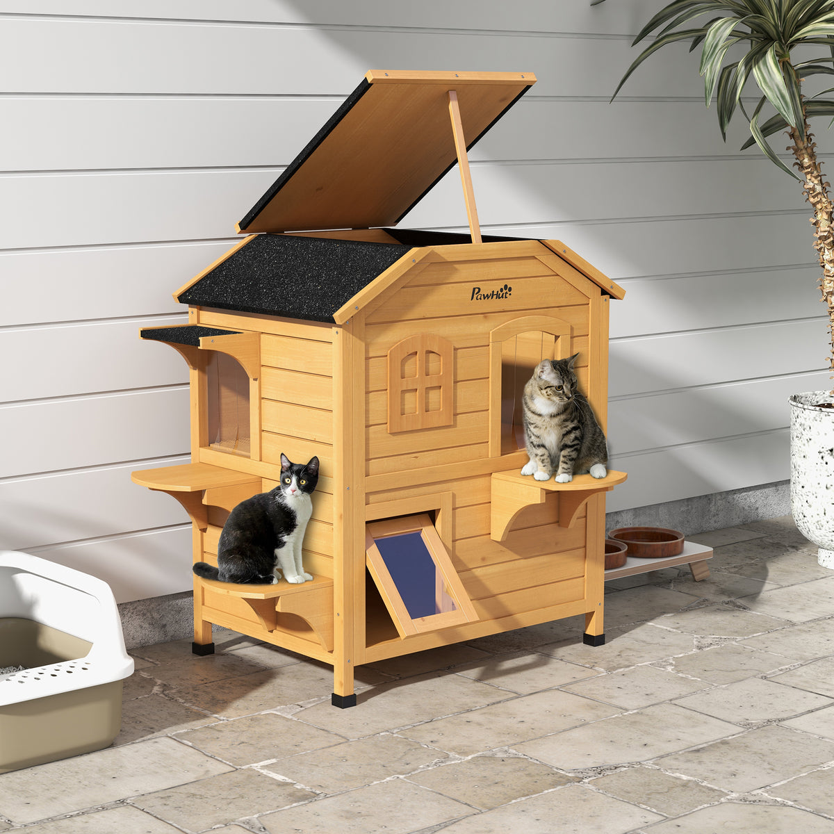 Outdoor Wooden Cat House with Escape Door & Climbing Platforms - Weatherproof Two-Story Pet Shelter