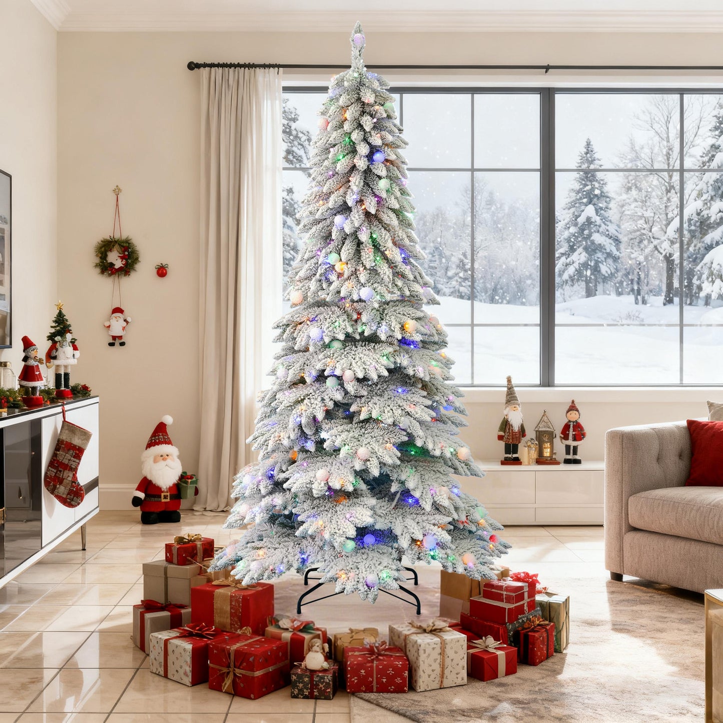 Pre-Lit Snow-Flocked Christmas Tree for Festive Home Decoration