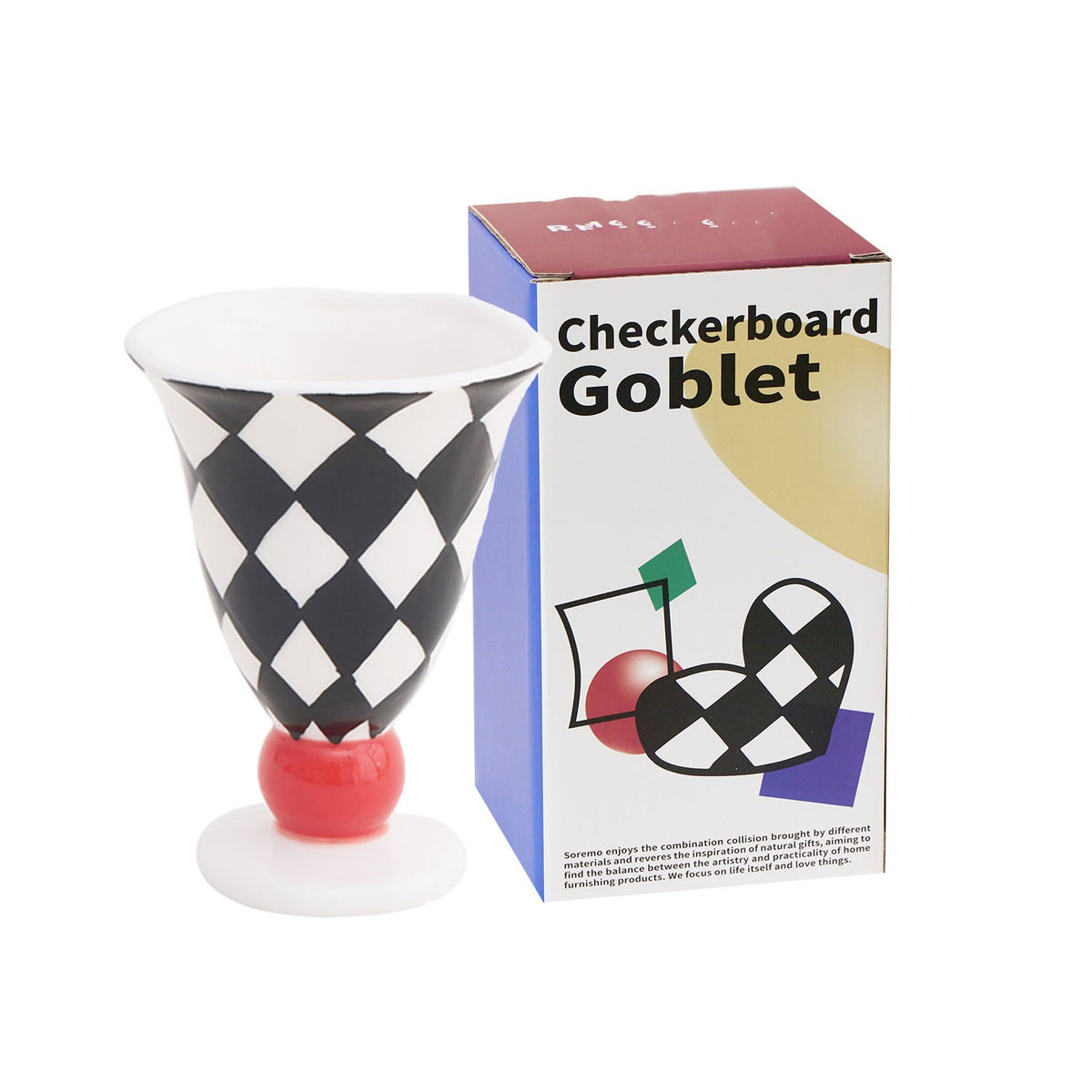 Tall Checkerboard Grid Ceramic Wine Glass with Handle - 301-400mL