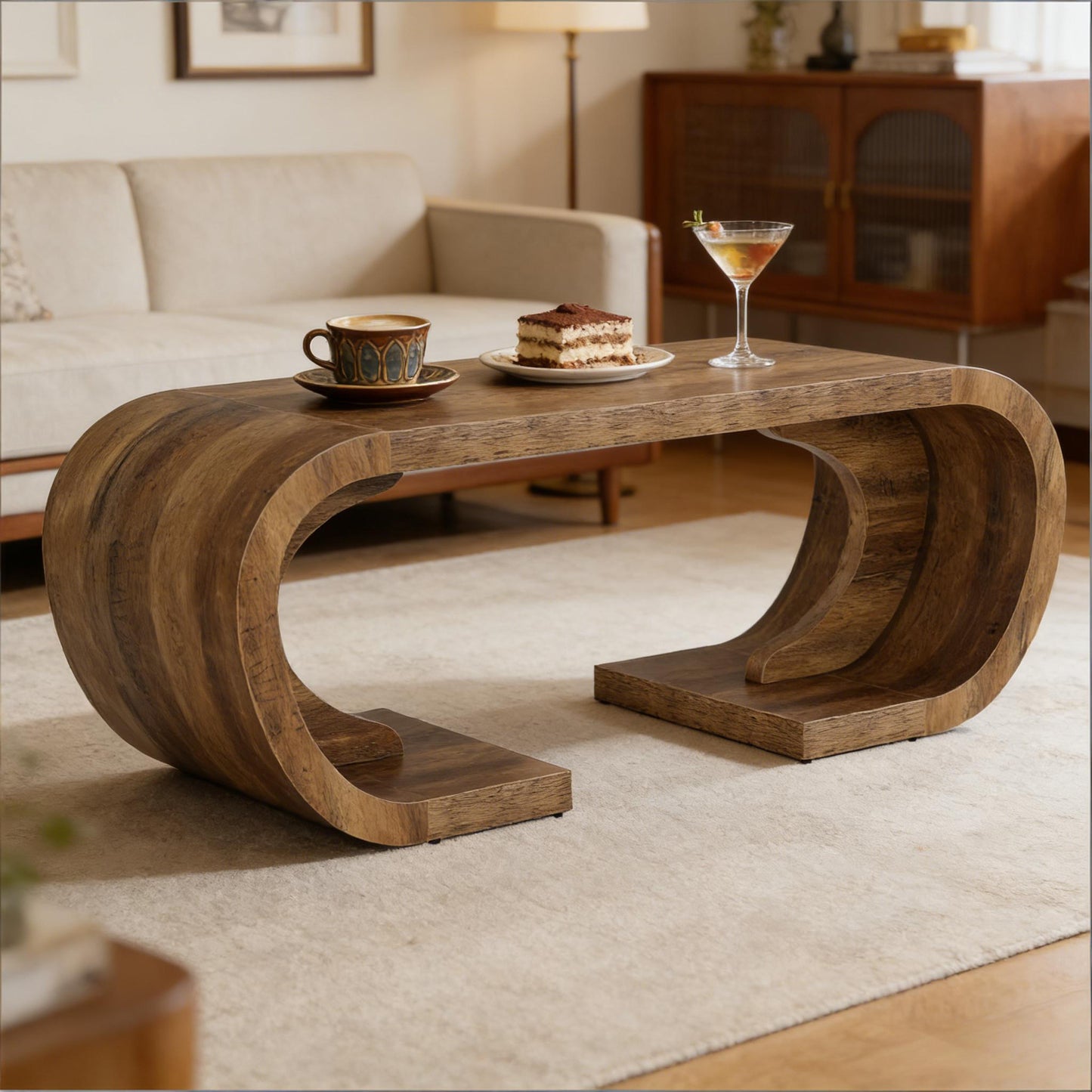 C-Shaped Coffee Table - Artistic Wooden Center Table, Brown