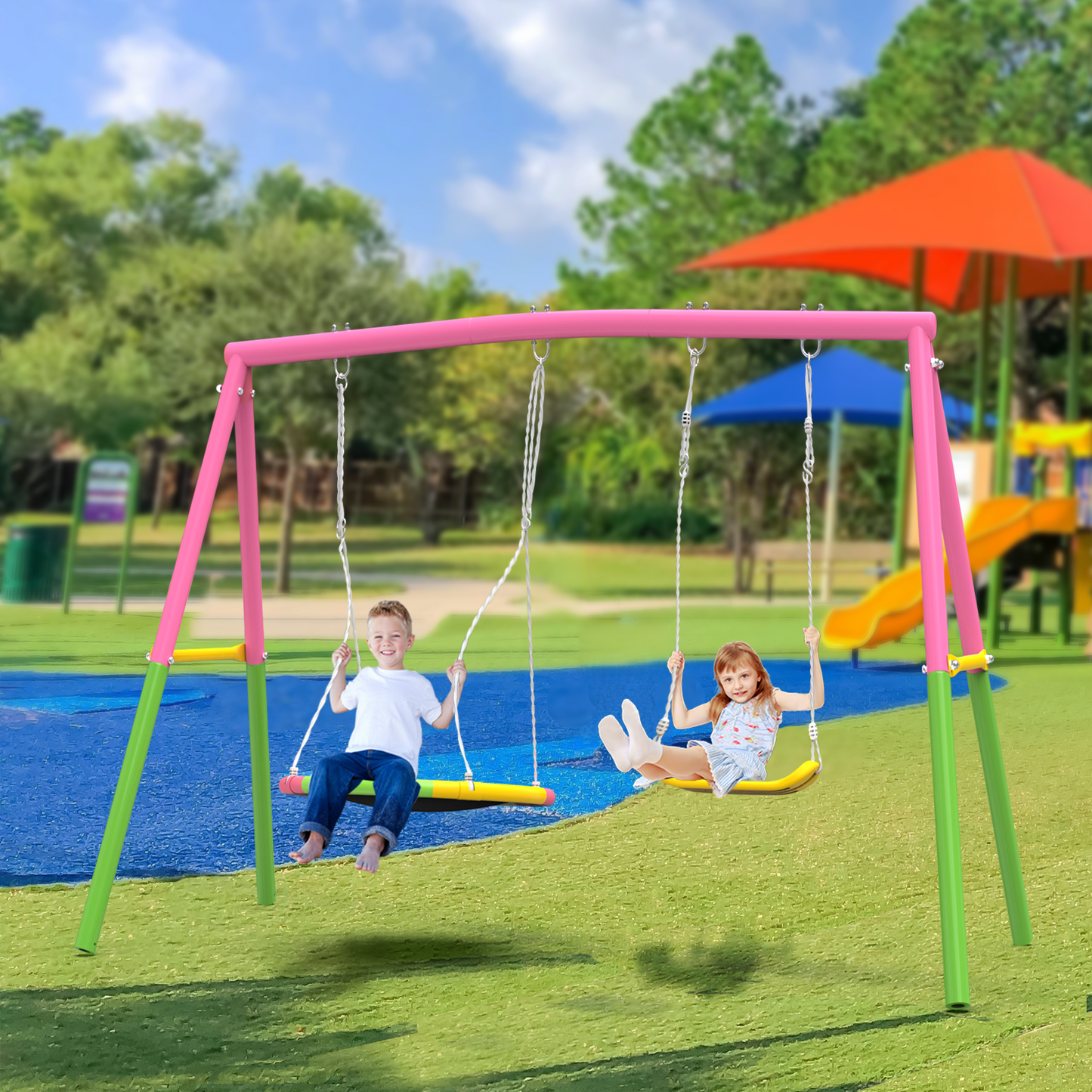 Heavy-Duty Swing Set for Backyard - 330lbs Capacity, 1 Saucer & 1 Belt Swing