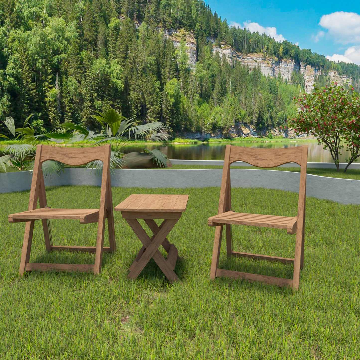 Foldable Outdoor Bistro Set with 2 Chairs and Rectangular Table - Teak