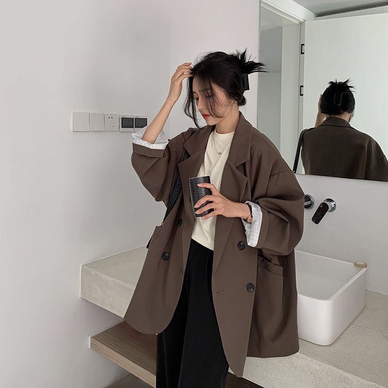 Women's Double Breasted Coffee Suit Jacket - Mid-Length