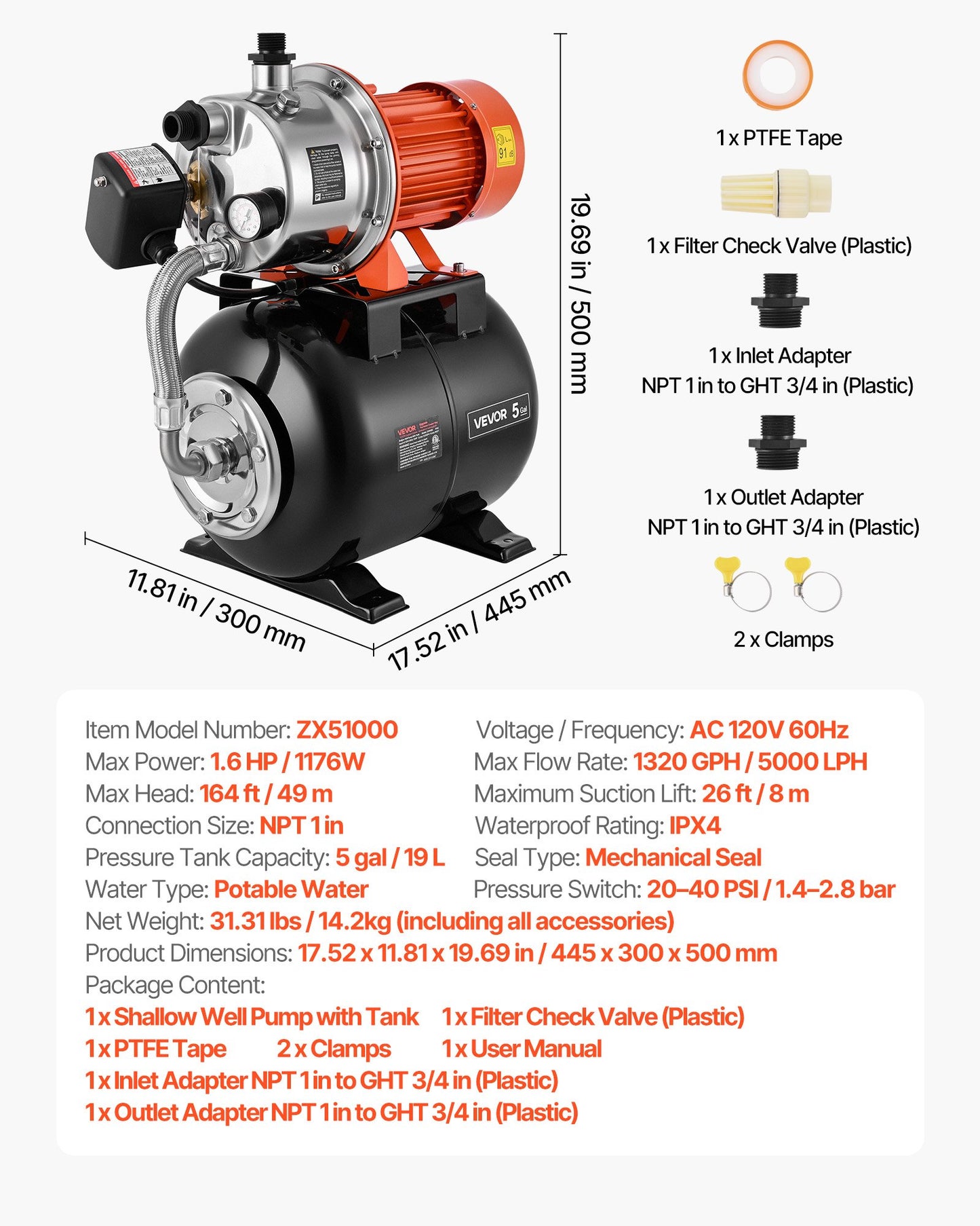 Shallow Well Pump with Pressure Tank - 1.6 HP, Stainless Steel, 1320 GPH, 120V