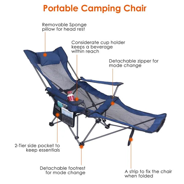 Heavy Duty Foldable Camping Chair with Reclining Backrest & Cup Holder