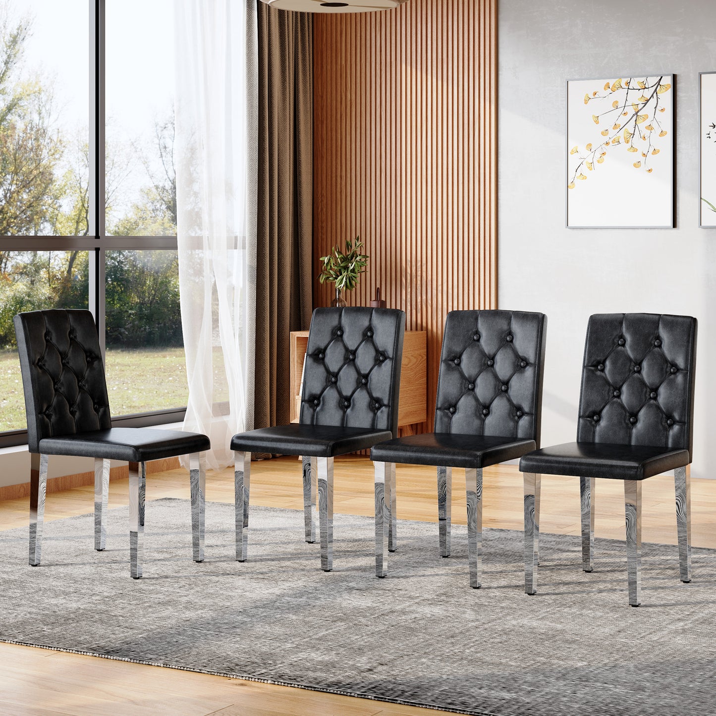 4-pack Black PU Dining Chairs,Ergonomic Buckle Backrest, 35 Inches
