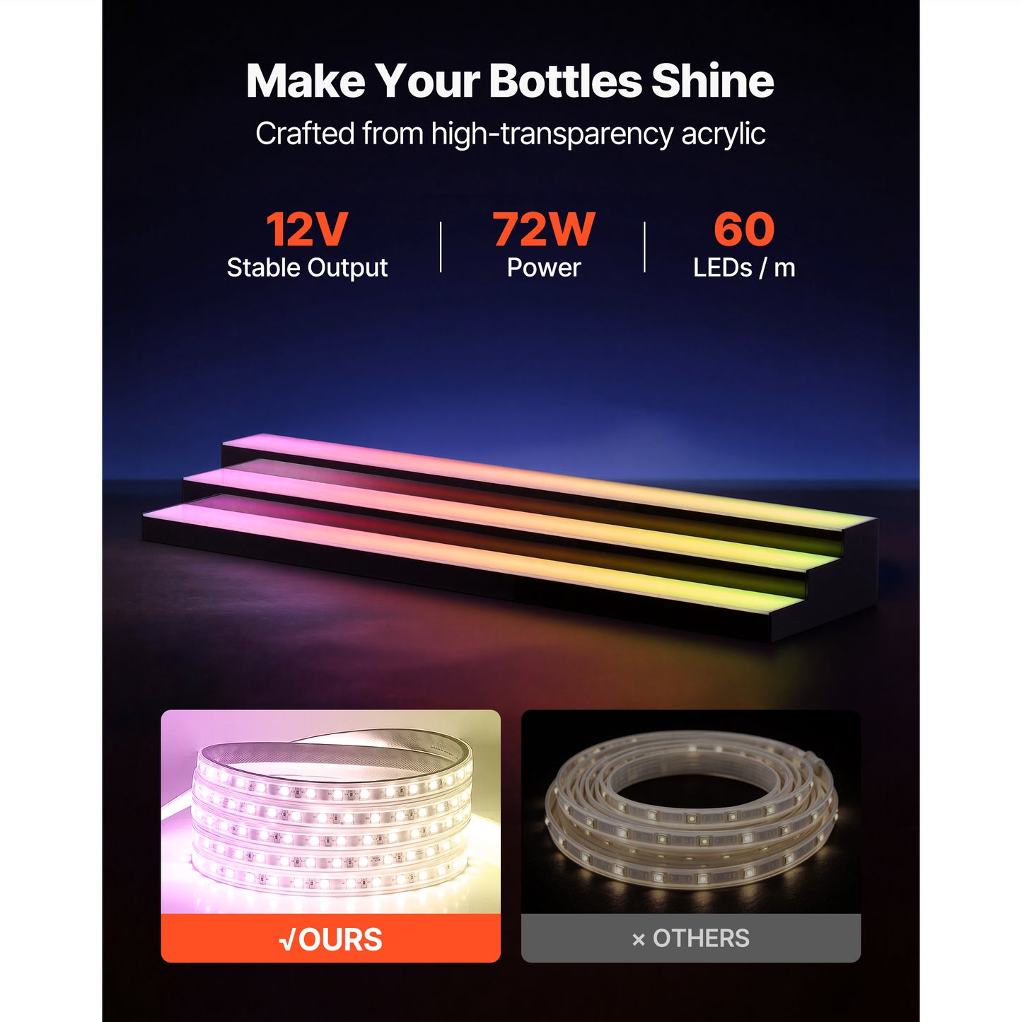 LED Liquor Bottle Display Shelf - 3 Tiers, Illuminated Home Bar Decor with Remote & App Control, 60 Inch