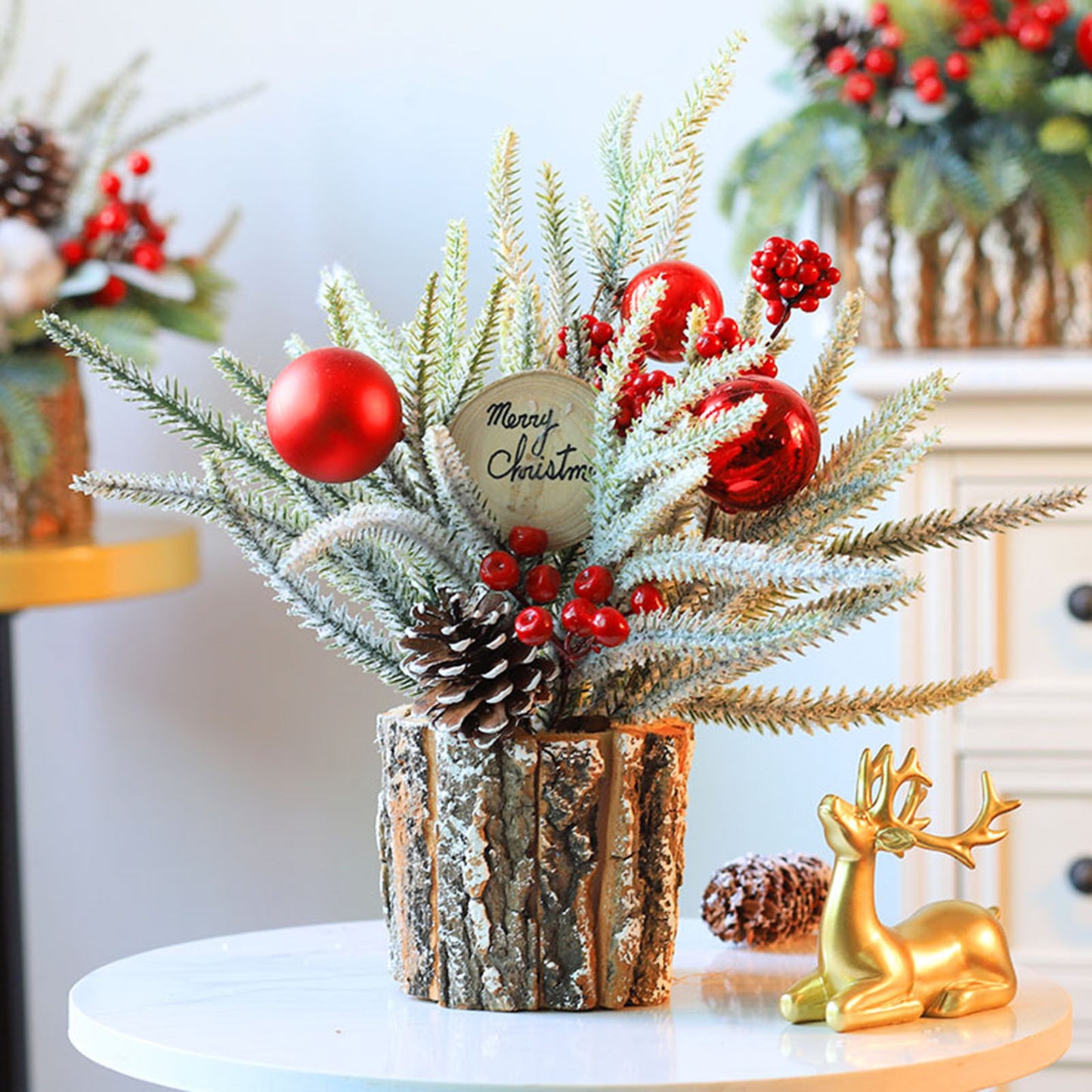 35cm Tabletop Christmas Tree with Bark Barrel Base - Holiday Decoration
