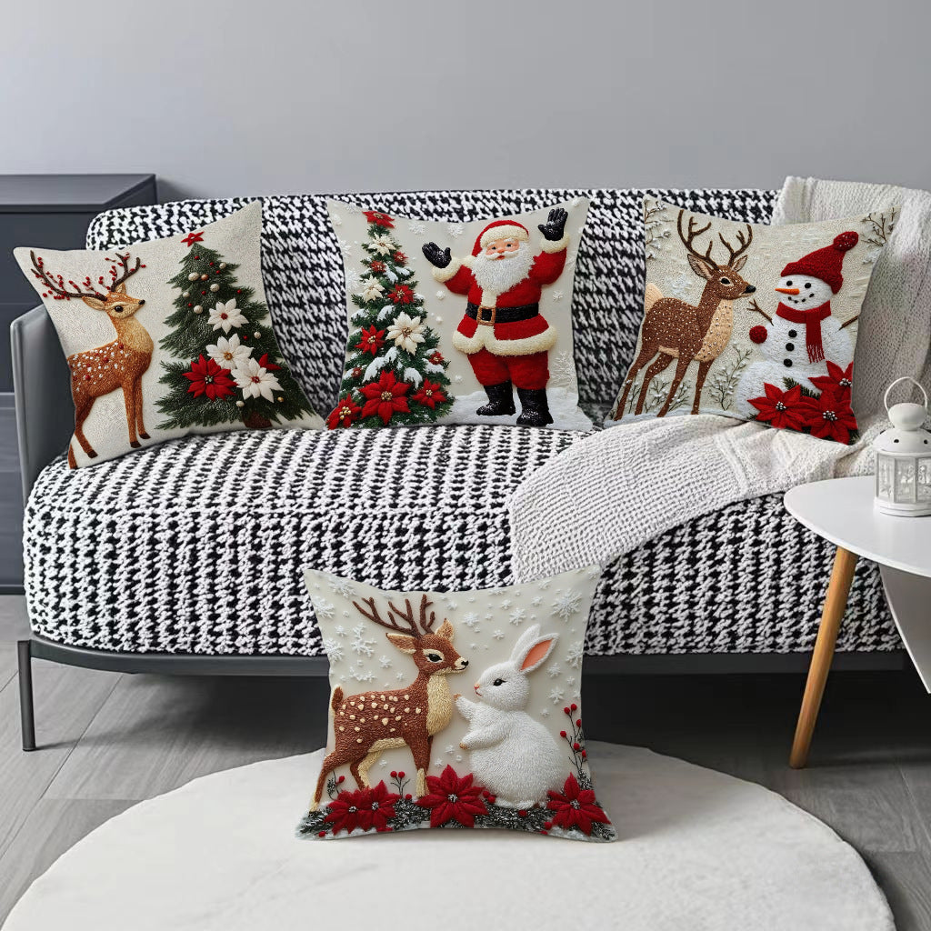 Festive Elk Rabbit Holiday Pillow Cover - Christmas Linen Cushion Decor
